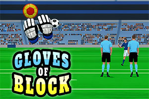 Dvojica rozhodcov na futbalovom ihrisku v popredí s nápisom Gloves of Block a brankárskymi rukavicami držiacimi loptu v pozadí