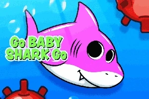 Ružový kreslený žralok na modrom pozadí s nápisom Go BABY SHARK Go a červenými mínami