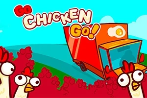 Kreslený obrázok s nápisom Go Chicken Go, zobrazujúci vystrašené sliepky a červený nákladiak na vidieckej ceste v pozadí