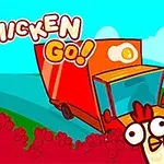 Kreslený obrázok s nápisom Go Chicken Go, zobrazujúci vystrašené sliepky a červený nákladiak na vidieckej ceste v pozadí