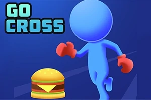 Modrá postava s červenými rukavicami beží k hamburgra na modrom pozadí s nápisom GO CROSS