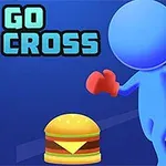 Modrá postava s červenými rukavicami beží k hamburgra na modrom pozadí s nápisom GO CROSS