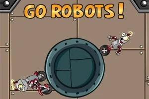 Dva kreslené roboty s kolieskami, ktoré sa pohybujú v mechanickom prostredí