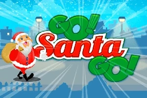 Vianočný motív s usmievavým santom a veľkým nápisom Go Santa Go na farebnom pozadí s hviezdami a lampami