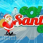 Vianočný motív s usmievavým santom a veľkým nápisom Go Santa Go na farebnom pozadí s hviezdami a lampami