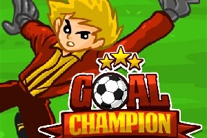 Postava s blond vlasmi v červenom drese chytajúca loptu na zelenom pozadí s nápisom Goal Champion
