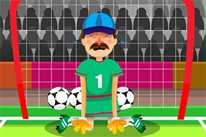 Karikatúra brankára s modrou čiapkou pred bránou, obklopeného futbalovými loptami