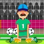 Karikatúra brankára s modrou čiapkou pred bránou, obklopeného futbalovými loptami