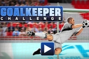 Brankár v sivej súprave skáče a chytá futbalovú loptu pred bránkou na pozadí nápisu GOALKEEPER CHALLENGE