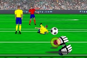 Futbalový brankár v rukaviciach chytá loptu na ihrisku, hráči v žltých a červených dresoch na pozadí