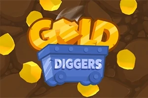 Logo s modrým vozíkom a nápisom Gold Diggers na hnedo-žltom pozadí s kúskami zlata