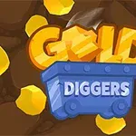Logo s modrým vozíkom a nápisom Gold Diggers na hnedo-žltom pozadí s kúskami zlata