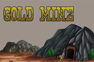 Na obrázku je horský terén s vchodom do bane, nápis Gold Mine a postava stojaca pred baňou