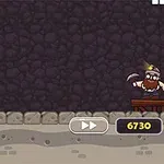 Viking stojí na pravej strane obrazovky s pozadím kamenného múru a farebnou mozaikou blokov na ľavej strane