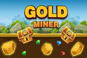 Nadpis Gold Miner s obrázkami truhlíc s pokladom, zlatých nugetov a farebných drahokamov na modrom pozadí s kameňmi a rastlinami