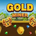 Nadpis Gold Miner s obrázkami truhlíc s pokladom, zlatých nugetov a farebných drahokamov na modrom pozadí s kameňmi a rastlinami