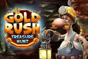 Baner s nápisom „GOLD RUSH TREASURE HUNT“ a kreslenou postavou baníka s lampou na pozadí jaskyne