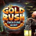 Baner s nápisom „GOLD RUSH TREASURE HUNT“ a kreslenou postavou baníka s lampou na pozadí jaskyne