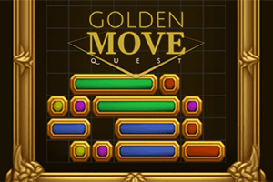 Farebná grafika s viacerými horizontálnymi pruhmi v rôznych farbách s zlatým rámom a nápisom Golden Move Quest na vrchu