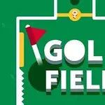 Zelené pole s nápisom GOLF FIELD, červená vlajka a golfová loptička