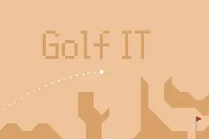 Text Golf IT na béžovom pozadí s ilustrovaným golfovým loptičkom v pohybe a vlajkou na jamke
