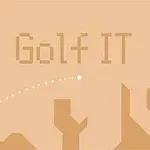 Text Golf IT na béžovom pozadí s ilustrovaným golfovým loptičkom v pohybe a vlajkou na jamke