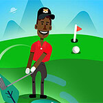 Ilustrácia muža v červenom tričku hrajúceho golf na golfovom ihrisku s jamkou a golfovou loptou