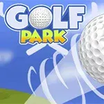 Veľká golfová loptička s nápisom „GOLF PARK“ na modrom pozadí s oblakmi