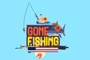 Muž sediaci na člne s rybárskou udicou, veľký žralok, terč a zbrane s nápisom Gone Fishing