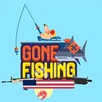 Muž sediaci na člne s rybárskou udicou, veľký žralok, terč a zbrane s nápisom Gone Fishing