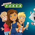 Tri kreslené postavy stojace vedľa seba s pokrovými kartami a žetónmi vo vzduchu na modrom pozadí