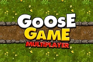 Názov Goose Game Multiplayer na pozadí zelenej trávy s kvetmi a hlineným chodníkom