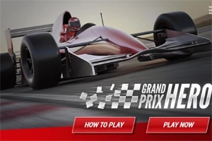 Formula 1 monopost v rýchlosti na závodnej dráhe s textom Grand Prix Hero a tlačidlami ponúkajúcimi How to Play a Play Now
