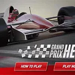 Formula 1 monopost v rýchlosti na závodnej dráhe s textom Grand Prix Hero a tlačidlami ponúkajúcimi How to Play a Play Now