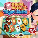 Kreslená postava s modrými vlasmi stojí vedľa podnosu plného rôznych druhov nigiri sushi a mobilného telefónu, na ktorom je zobrazená aplikácia