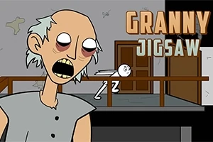 Postava s bledou pokožkou a veľkými očami v šedom oblečení stojí pred domom s dreveným zábradlím a textom Granny Jigsaw