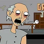 Postava s bledou pokožkou a veľkými očami v šedom oblečení stojí pred domom s dreveným zábradlím a textom Granny Jigsaw