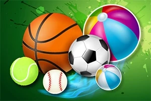 Basketbalová, futbalová, tenisová lopta, baseballová loptička a farebná plážová lopta na zelenom pozadí