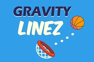 Nápis Gravity Linez s basketbalovou loptou smerujúcou do koša na modrom pozadí