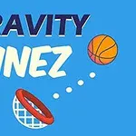 Nápis Gravity Linez s basketbalovou loptou smerujúcou do koša na modrom pozadí