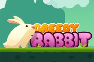 Biela kreslená králik stojí na zelenej tráve pred farebným nápisom GREEDY RABBIT na pozadí s modrou oblohou