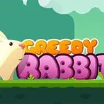 Biela kreslená králik stojí na zelenej tráve pred farebným nápisom GREEDY RABBIT na pozadí s modrou oblohou