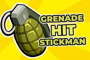 Zelený granát vedľa textu Grenade Hit Stickman na žltom pozadí