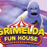 Fialová postavička beží pozdĺž trate s nápojmi v pohároch, nad ktorou je nápis Grimelda Fun House s obrázkom cirkusového stanu