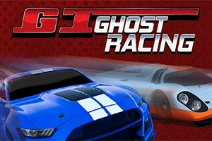 Dva pretekárske autá, modré s bielymi pruhmi a šedé, na červenom pozadí s textom GT Ghost Racing