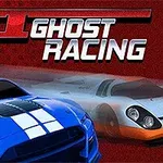 Dva pretekárske autá, modré s bielymi pruhmi a šedé, na červenom pozadí s textom GT Ghost Racing