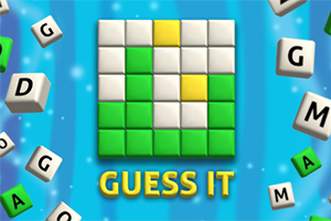 Hracia plocha s farebnými dlaždicami na modrom pozadí a nápisom GUESS IT