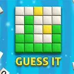 Hracia plocha s farebnými dlaždicami na modrom pozadí a nápisom GUESS IT