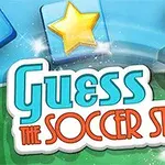 Nápis „Guess the Soccer Star“ s futbalovou loptou a žltými hviezdami na modrom a zelenom pozadí