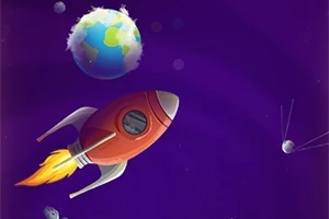 Červená raketa letí vesmírom s planétou Zem na pozadí a malými asteroidmi okolo
